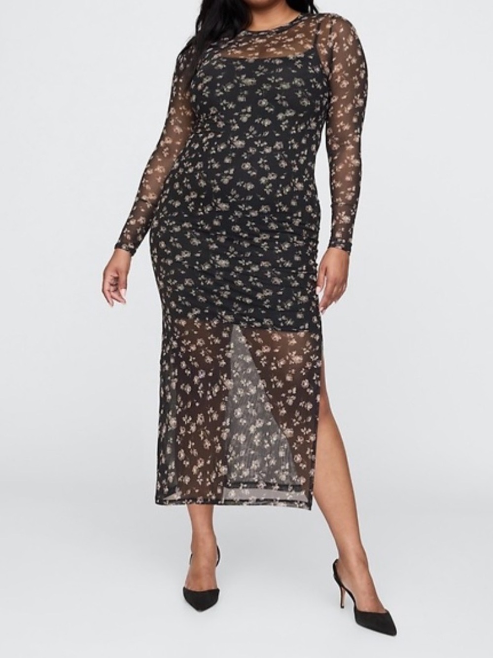 GAP Mesh with Black Slip & Sleeves, Floral Midi Dress